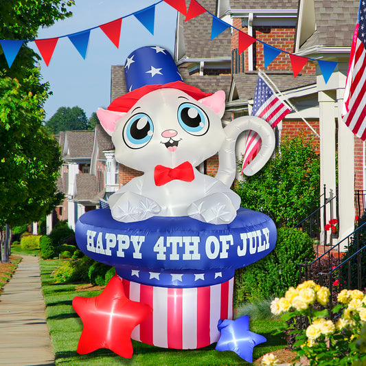 5 FT 4th of July Inflatables Outdoor Decorations, Cat in Hat Patriotic Independence Day Decorations Build-in LED Lights Blow Up for Fourth of July Party Garden Yard Lawn Decor