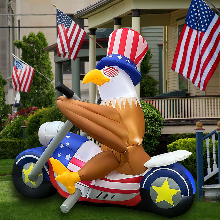 6 FT Patriotic Independence Day 4th of July Inflatables, Eagle Sitting on Motorcycle Blow up Yard Decorations Build-in LED Lights for Party Lawn Decor