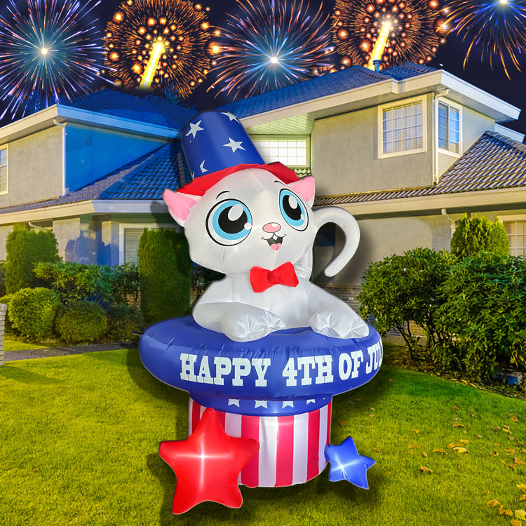 5 FT 4th of July Inflatables Outdoor Decorations, Cat in Hat Patriotic Independence Day Decorations Build-in LED Lights Blow Up for Fourth of July Party Garden Yard Lawn Decor