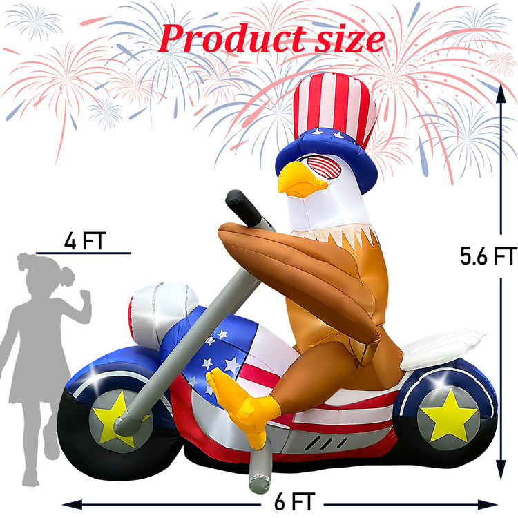 6 FT Patriotic Independence Day 4th of July Inflatables, Eagle Sitting on Motorcycle Blow up Yard Decorations Build-in LED Lights for Party Lawn Decor