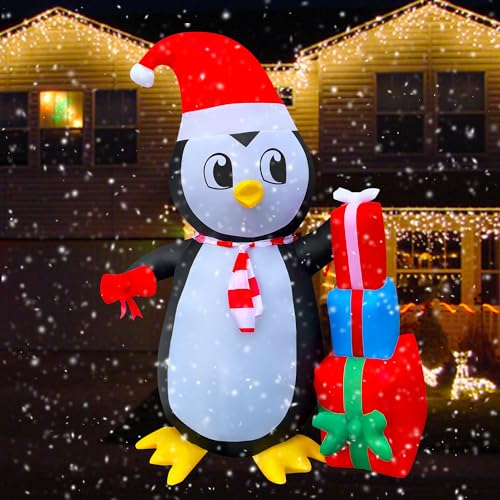 5 Ft LED Light Up Inflatable Christmas Penguin with Gift Boxes Decoration for Yard Lawn Garden Home Party Indoor Outdoor Holiday Xmas Decor