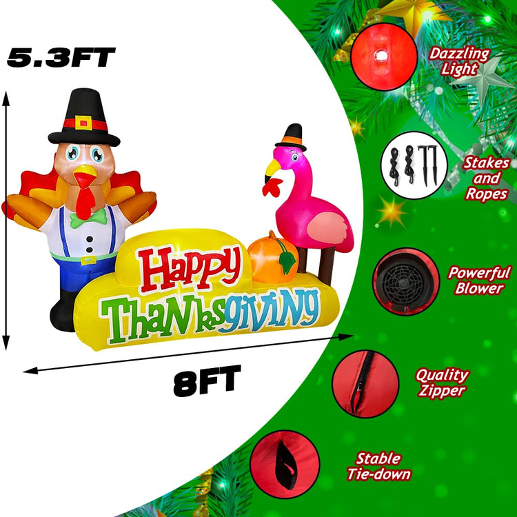 8Ft Thanksgiving Inflatable Turkey Flamingo with Happy Thanksgiving Banner Sign Decoration with LED Lights Blow Ups Xmas Yard Garden Lawn Outdoor Indoor Holiday Party Decor