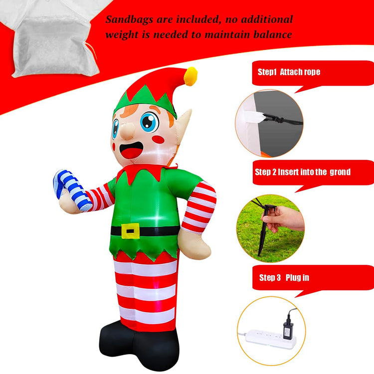 12 FT LED Light Up Inflatable Christmas Giant Elf Holds Candy Cane Decoration for Yard Lawn Garden Home Party Indoor Outdoor