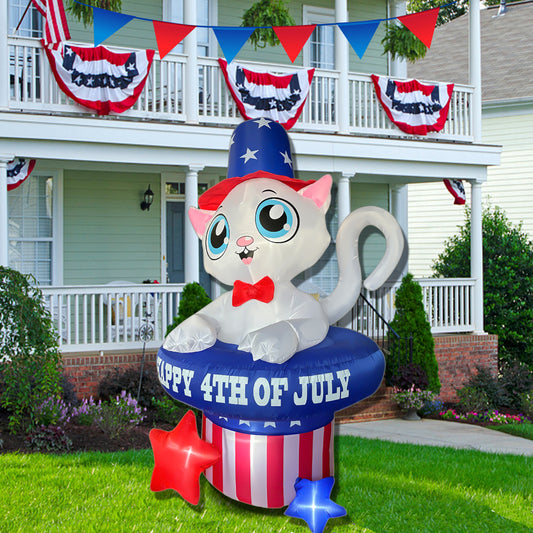 5 FT 4th of July Inflatables Outdoor Decorations, Cat in Hat Patriotic Independence Day Decorations Build-in LED Lights Blow Up for Fourth of July Party Garden Yard Lawn Decor