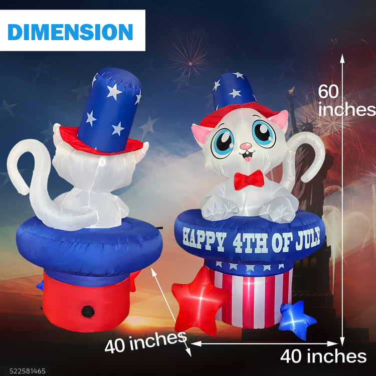 5 FT 4th of July Inflatables Outdoor Decorations, Cat in Hat Patriotic Independence Day Decorations Build-in LED Lights Blow Up for Fourth of July Party Garden Yard Lawn Decor