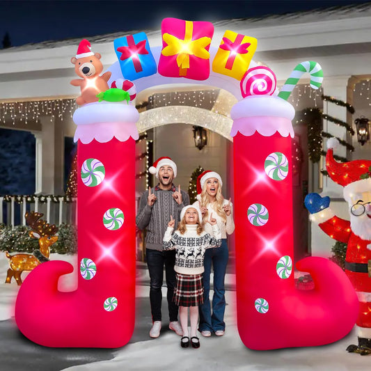 9ft Inflatable Christmas Archway with Gift Box, Bear & Candy Decoration, LED Blow Up Lighted Decor Indoor Outdoor Holiday Art Decor Decorations