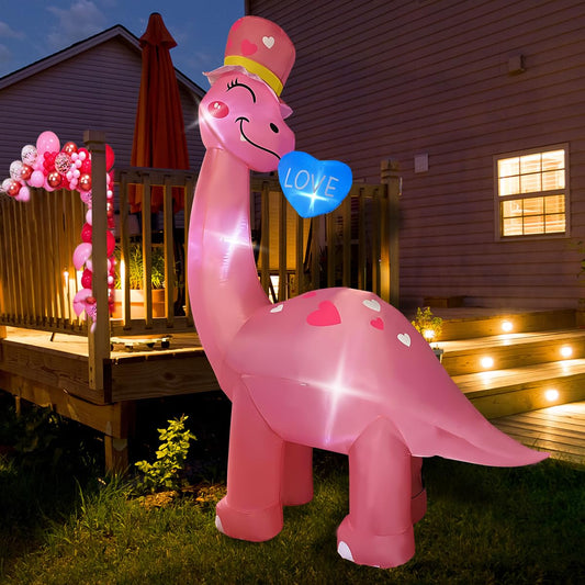 8 Ft Valentine's Day Inflatable Dinosaur Light Up Decoration Blow Up Brachiosaurus for Birthday Wedding Anniversary Party Decor