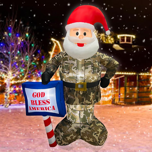 6FT Christmas Inflatable Santa Claus Wearing Camouflage LED Lighted Blow Up Xmas Yard Outdoor Decorations for Garden Home Lawn Party