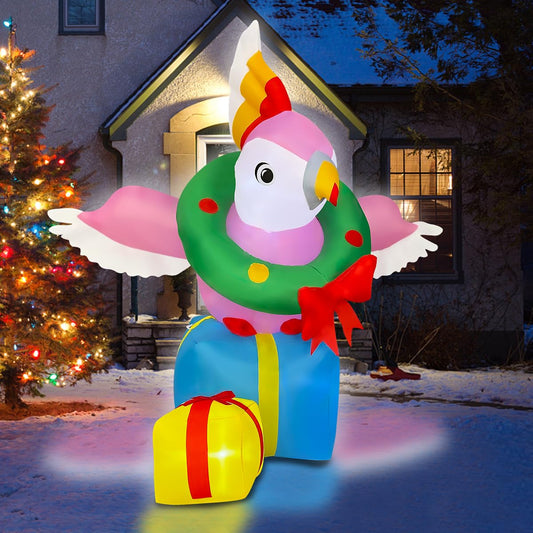 5ft Inflatable Christmas Parrot with Gift Box Decoration, LED Blow Up Lighted Decor Indoor Outdoor Holiday Decor