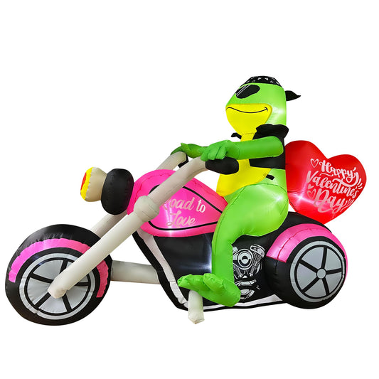 7 FT Inflatable Valentine's Day Frog on Motorcycle with Heart Decorations LED Lighted Decoration for Birthday Wedding Yard Lawn Garden Home Party