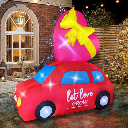 6FT Valentine's Day Inflatable Car with Heart Decoration, Blow Up Love Taxi Lighted for Birthday Wedding Anniversary Party Decor