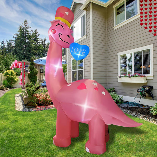 8 Ft Valentine's Day Inflatable Dinosaur Light Up Decoration Blow Up Brachiosaurus for Birthday Wedding Anniversary Party Decor