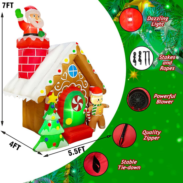 7 FT Christmas Inflatables Santa Claus Gingerbread House with Tree Decoration Blow Up Built-in LED for Holiday Lawn Yard Garden Home Indoor Outdoor