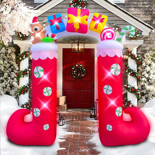 9ft Inflatable Christmas Archway with Gift Box, Bear & Candy Decoration, LED Blow Up Lighted Decor Indoor Outdoor Holiday Art Decor Decorations