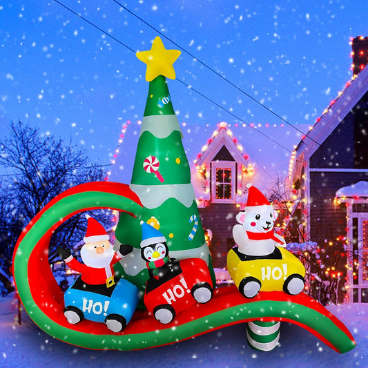 7 FT Christmas Inflatable Roller Coaster with Santa Claus Penguin and Bear Xmas Tree Decoration Blow up LED Lighted Decor for Yard Lawn Garden Home Party Indoor Outdoor