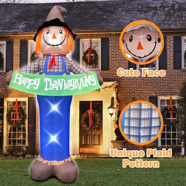 10ft Gaint Inflatable Thanksgiving Scarecrow with Built-in LED Lights Blow Up for Fall Autumn Harvest Indoor Outdoor Front Door Yard Lawn Garden Decor