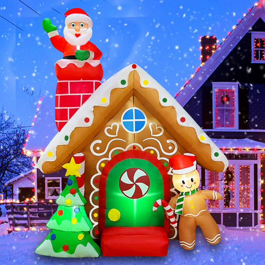 7 FT Christmas Inflatables Santa Claus Gingerbread House with Tree Decoration Blow Up Built-in LED for Holiday Lawn Yard Garden Home Indoor Outdoor