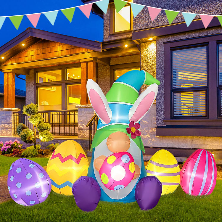 7 Ft Long Easter Inflatables Outdoor Decorations, Inflatable Easter Bunny Gnome with Eggs, LED Light Up Easter Blow up Yard Decorations
