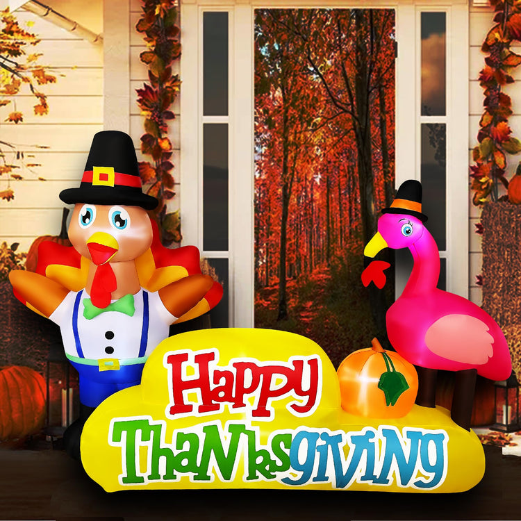 8Ft Thanksgiving Inflatable Turkey Flamingo with Happy Thanksgiving Banner Sign Decoration with LED Lights Blow Ups Xmas Yard Garden Lawn Outdoor Indoor Holiday Party Decor