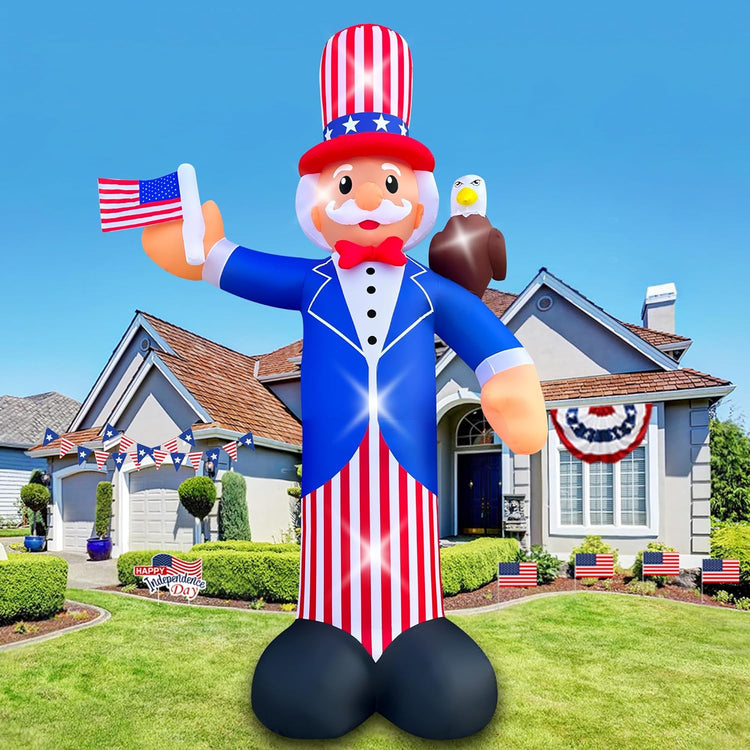 12FT Independence Day Inflatable Uncle Sam with Bald Eagle Decorations Patriotic 4th of July LED Light Up Blow up Flag for Home Yard Lawn Garden Memorial Day Decor