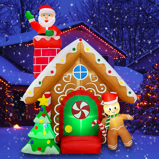 7 FT Christmas Inflatables Santa Claus Gingerbread House with Tree Decoration Blow Up Built-in LED for Holiday Lawn Yard Garden Home Indoor Outdoor