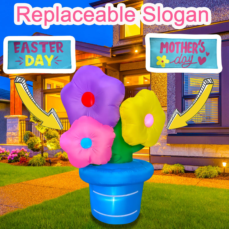 5 Ft Easter Inflatables Flower Replaceable Velcro Label Decorations Build-in LEDs for Holiday Garden Indoor Outdoor Easter Blow Up Yard Decorations