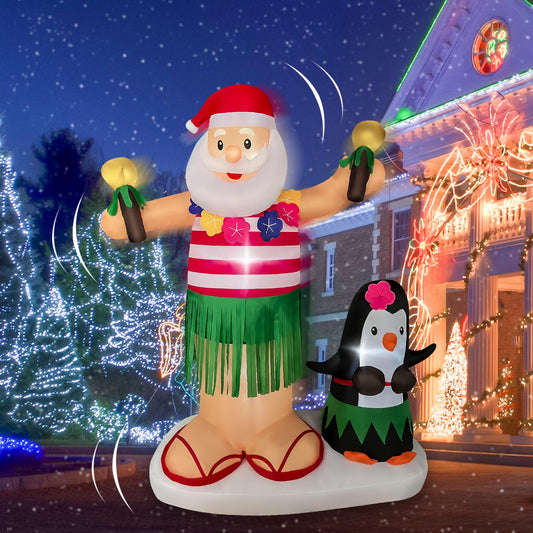 6 Ft Inflatable Hawaiian Hula Santa with Penguin,Inflatable Decoration Dancing Santa Claus,Built-in Led Lights & Shaking Device,Christmas Blow up Indoor Outdoor Yard