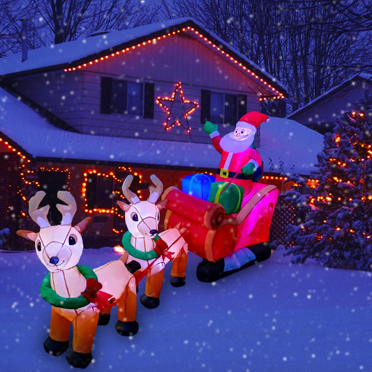 8 Ft LED Inflatable Christmas Reindeer Pull The Sleigh Take Santa Claus Xmas Decoration for Yard Lawn Garden Home Party Indoor Outdoor