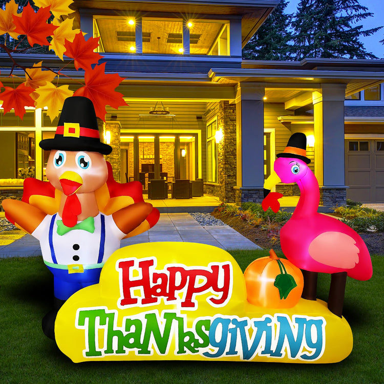 8Ft Thanksgiving Inflatable Turkey Flamingo with Happy Thanksgiving Banner Sign Decoration with LED Lights Blow Ups Xmas Yard Garden Lawn Outdoor Indoor Holiday Party Decor