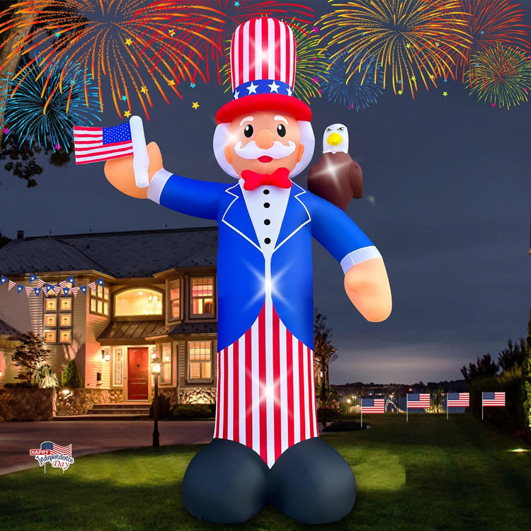 12FT Independence Day Inflatable Uncle Sam with Bald Eagle Decorations Patriotic 4th of July LED Light Up Blow up Flag for Home Yard Lawn Garden Memorial Day Decor