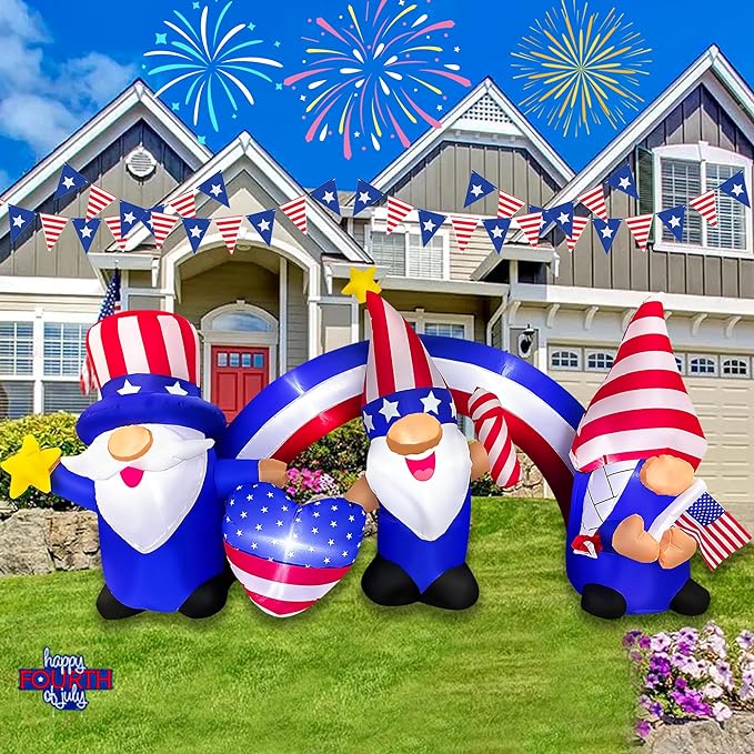 7 FT Independence Day Inflatable 3 Gnomes with Archway Decorations Patriotic 4th of July for Home Yard Lawn Garden Indoor Outdoor Memorial Day Decor