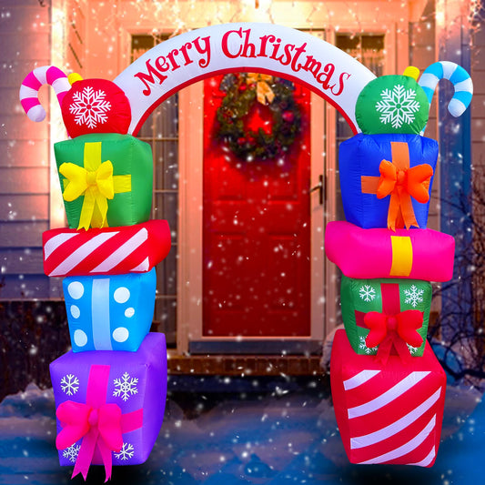 8 FT Christmas Inflatable Gift Boxes Arch Archway with Candy Merry Christmas Decoration Blow Up LED Lighted for Xmas Lawn Yard Garden Home Indoor Outdoor