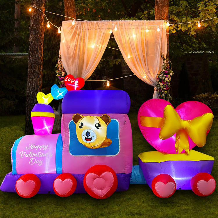8 FT Inflatable Valentine's Day Train with Bear Heart LED Light Up Decoration for Lawn Yard Garden Indoor Outdoor Party Decor