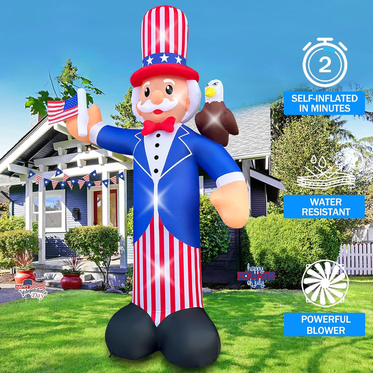 12FT Independence Day Inflatable Uncle Sam with Bald Eagle Decorations Patriotic 4th of July LED Light Up Blow up Flag for Home Yard Lawn Garden Memorial Day Decor