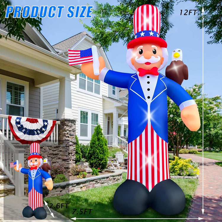 12FT Independence Day Inflatable Uncle Sam with Bald Eagle Decorations Patriotic 4th of July LED Light Up Blow up Flag for Home Yard Lawn Garden Memorial Day Decor