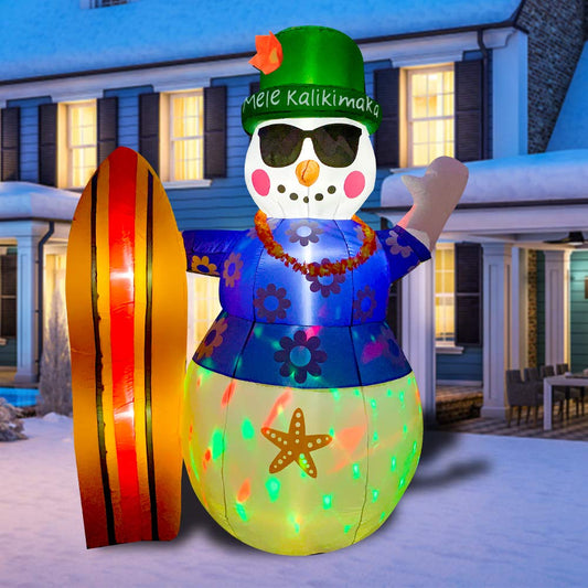 8ft Christmas Decoration Inflatable Summer Hawaii Snowman with Surfboard LED Blow Up Lighted Decor Indoor Outdoor Holiday Art Decor Decorations