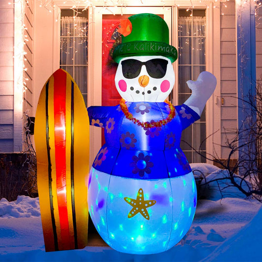 8ft Christmas Decoration Inflatable Summer Hawaii Snowman with Surfboard LED Blow Up Lighted Decor Indoor Outdoor Holiday Art Decor Decorations