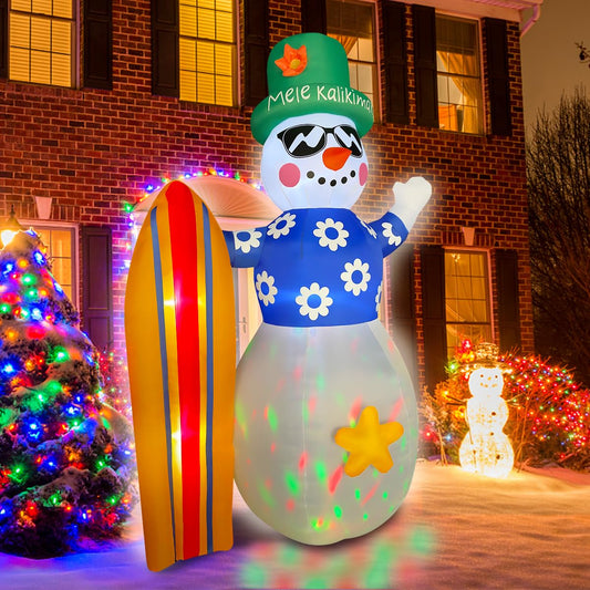 8ft Christmas Decoration Inflatable Summer Hawaii Snowman with Surfboard LED Blow Up Lighted Decor Indoor Outdoor Holiday Art Decor Decorations