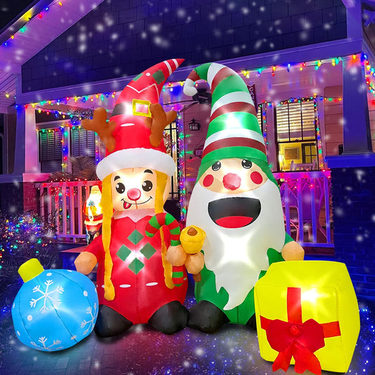 6ft Christmas Inflatable Twin Gnomes with Gift and Snow Ball Decoration