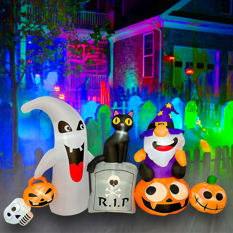 8FT Halloween Inflatable Ghost with Tombstone Cat and Gnome Pumpkin LED Lighted Blow Up Decoration