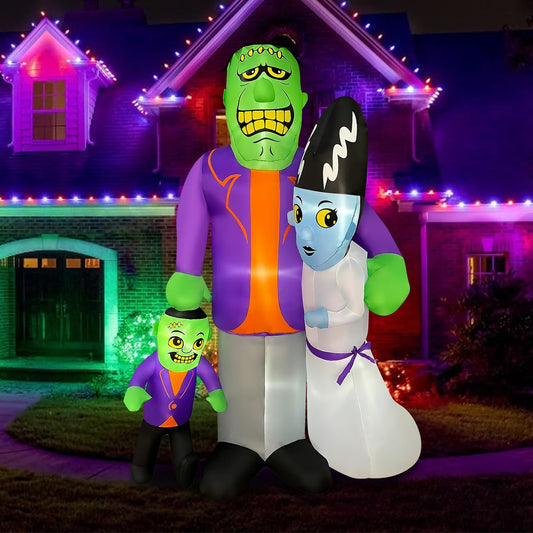 6ft Halloween Inflatable Frankenstein Monster, Bride, and Son Family, LED Blow Up Lighted Decor