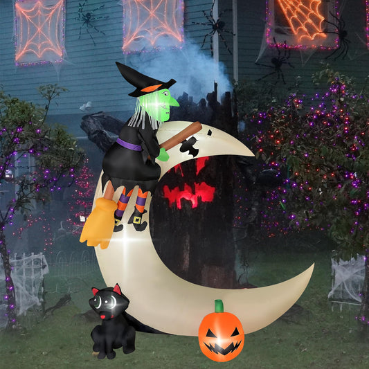 5ft Halloween Inflatable Witch Decoration,Witch Riding Broom on The Moon with Cat and Pumpkin Decor,