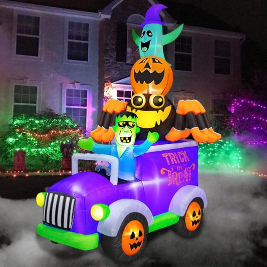 8ft Halloween Inflatable Horror Frankenstein Driving A Car with Spider, Pumpkin and Ghost, LED Blow Up Lighted Decor