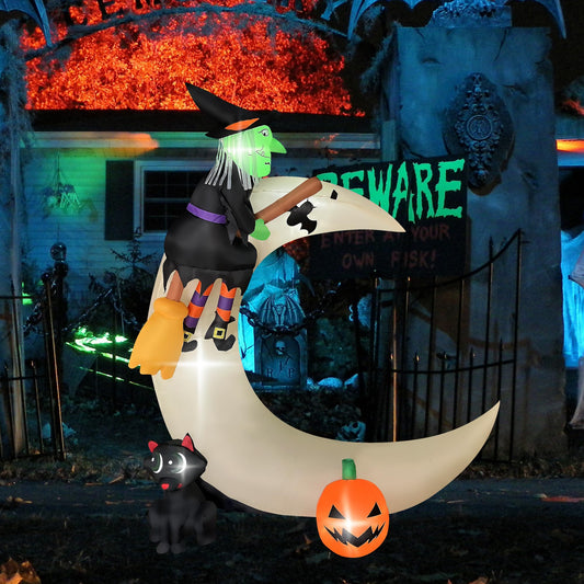 5ft Halloween Inflatable Witch Decoration,Witch Riding Broom on The Moon with Cat and Pumpkin Decor,