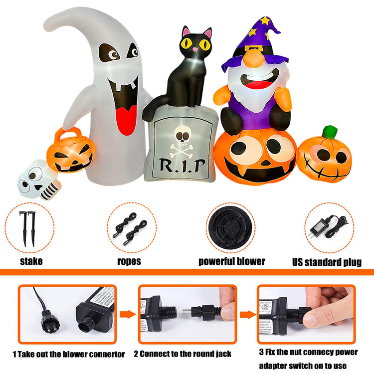 8FT Halloween Inflatable Ghost with Tombstone Cat and Gnome Pumpkin LED Lighted Blow Up Decoration