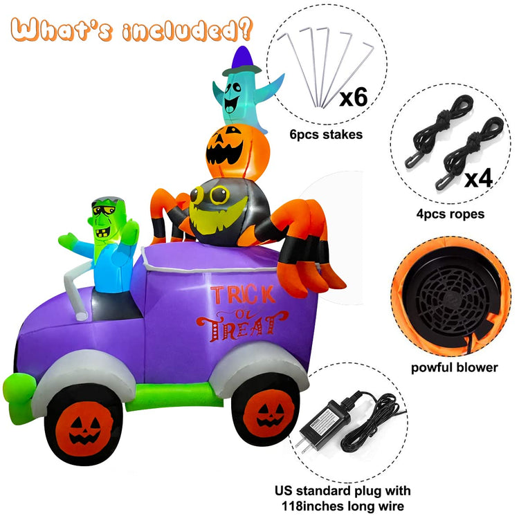 8ft Halloween Inflatable Horror Frankenstein Driving A Car with Spider, Pumpkin and Ghost, LED Blow Up Lighted Decor