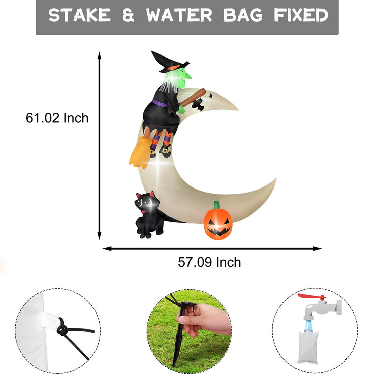 5ft Halloween Inflatable Witch Decoration,Witch Riding Broom on The Moon with Cat and Pumpkin Decor,