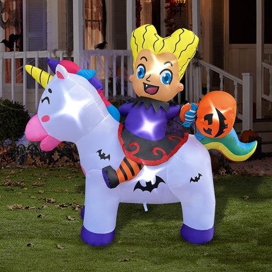 5 FT Halloween Inflatable Witch Riding Unicorn, LED Blow Up Lighted Decor Indoor Outdoor Holiday Art Decor Decorations