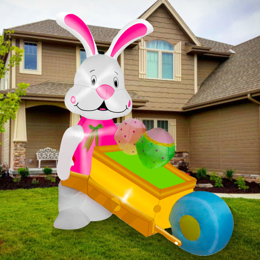 6 FT SEASONBLOW LED Light Easter Inflatable Rabbit Pushing Wheelbarrow with Eggs Decorations.