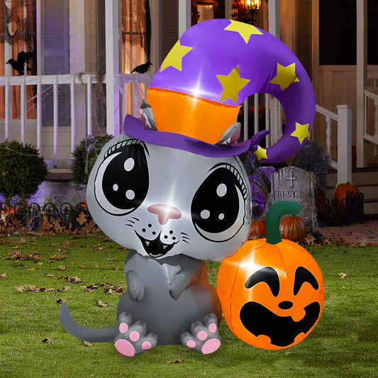 4 FT Halloween Inflatables Cute Witch's Cat with Pumpkin Decoration, Blow Up Yard Decor with LED Lights Built-in for Halloween Party Indoor Outdoor Holiday Decorations